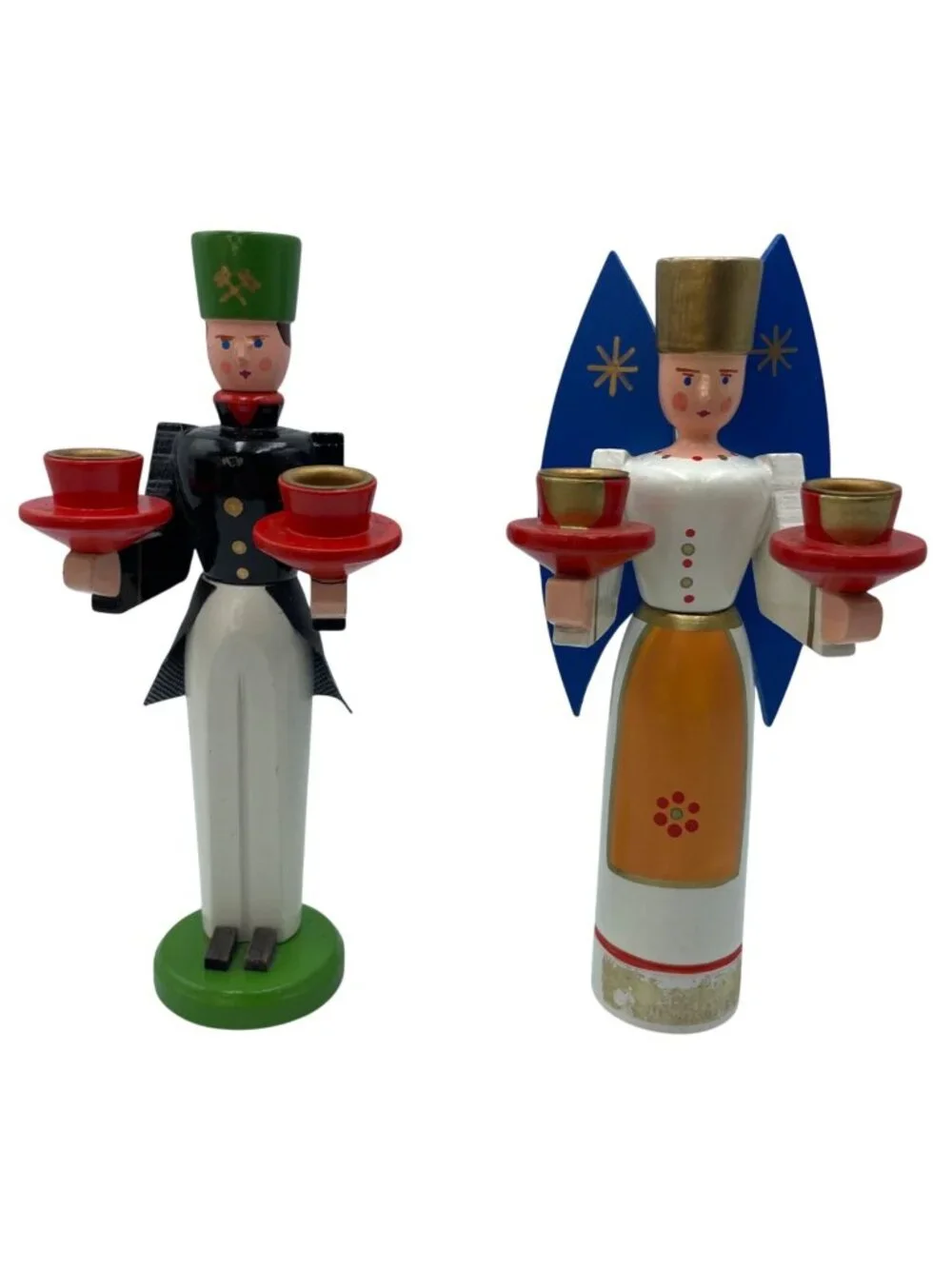 Vintage German Wooden Angel & Miner Candle Holders Hand-Painted Christmas Decor